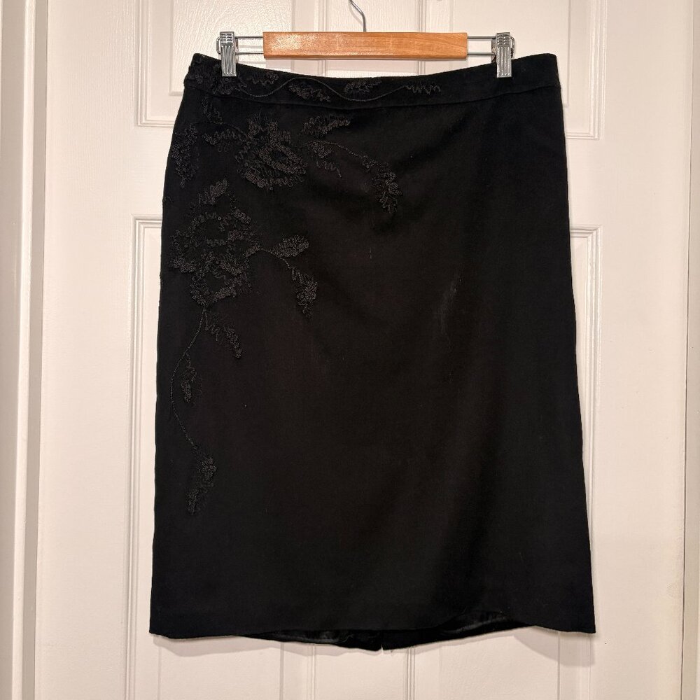 MaxMara Black 100% Virgin Wool Midi Skirt w/ Embroidery & Sequins Sz. 12